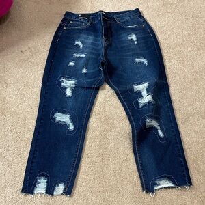 Fashion Nova Dark Blue Distressed Boyfriend Jeans